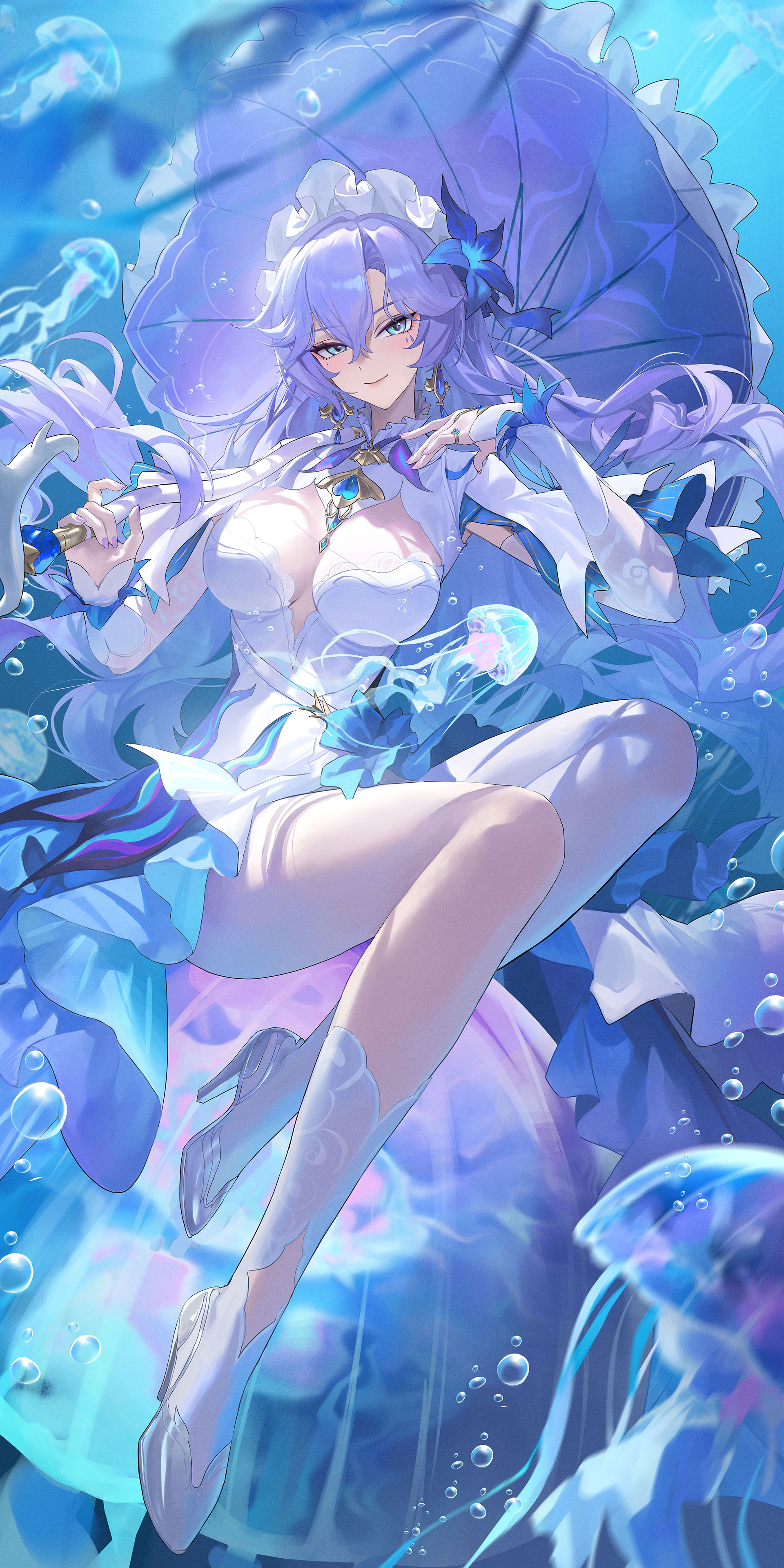 ttk (kirinottk), cantarella (wuthering waves), wuthering waves, absurdres, chinese commentary, commentary request, highres, 1girl, asymmetrical legwear, blue flower, breasts, closed mouth, dress, earrings, facial mark, flower, full body, hair between eyes, hair flower, hair ornament, headdress, high heels, holding, holding umbrella, jellyfish, jewelry, large breasts, long hair, mark under eye, mole, mole under eye, parasol, purple hair, purple umbrella, shoes, shrug (clothing), single thighhigh, smile, socks, solo, thighhighs, thighs, umbrella, uneven legwear, very long hair, white dress, white shoes, white shrug, white socks