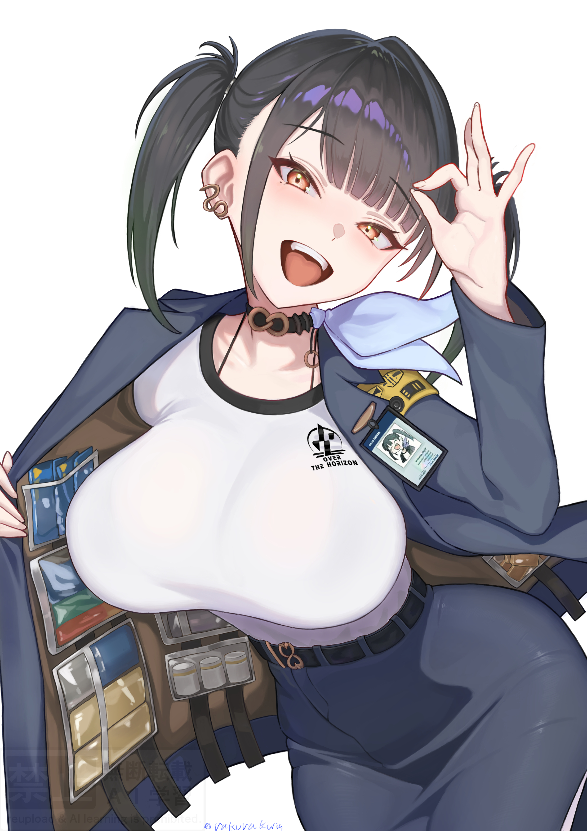 rakuri (rwrn5475), sora (nikke), goddess of victory: nikke, absurdres, highres, 1girl, :d, belt, black belt, black choker, black hair, blue skirt, breasts, choker, collarbone, earrings, id card, jacket, jewelry, large breasts, looking at viewer, ok sign, open clothes, open jacket, open mouth, pencil skirt, pocket, shirt, simple background, skirt, smile, solo, twintails, white background, white shirt, yellow eyes