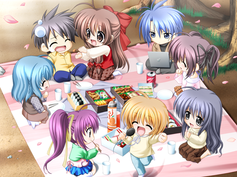 masuda shizuka, menou yurika, mizuhara akane, mizuhara ryo, mizuhara ryou, moriya miki, mukasa haruki, mutsu emiho, final approach, game cg, 00s, 2boys, 6+girls, :d, ^ ^, apron, arm up, black eyes, black hair, blonde hair, blouse, blue eyes, blue hair, bottle, brown eyes, brown hair, brown skirt, can, chibi, chibi only, chopsticks, closed eyes, computer, cup, drink can, food, full body, hair ribbon, laptop, long hair, long sleeves, low twintails, lunchbox, multiple boys, multiple girls, music, open mouth, outdoors, pants, petals, plant, ponytail, purple hair, ribbon, seiza, shirt, sidelocks, singing, sitting, skirt, smile, soda can, sweater, tree, twintails, two side up, vest, wince