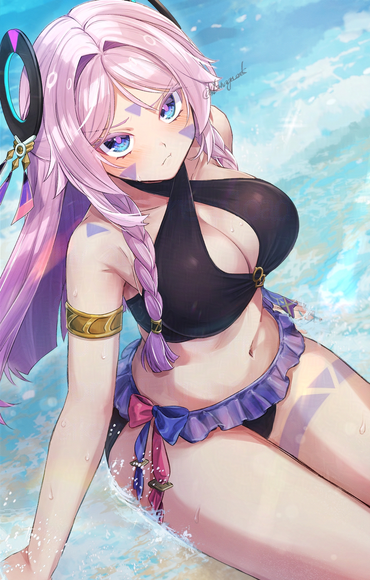 ikanago eak, citlali (genshin impact), genshin impact, commentary request, highres, 1girl, :t, alternate costume, bikini, black bikini, blue eyes, blush, braided sidelocks, breasts, cleavage, criss-cross halter, facial mark, floating headgear, frilled bikini, frills, hair intakes, halterneck, headgear, large breasts, long hair, looking at viewer, navel, partially submerged, pink hair, pink pupils, pout, sitting, solo, stomach, swimsuit, thigh marking, triangle, triangle facial mark, wet