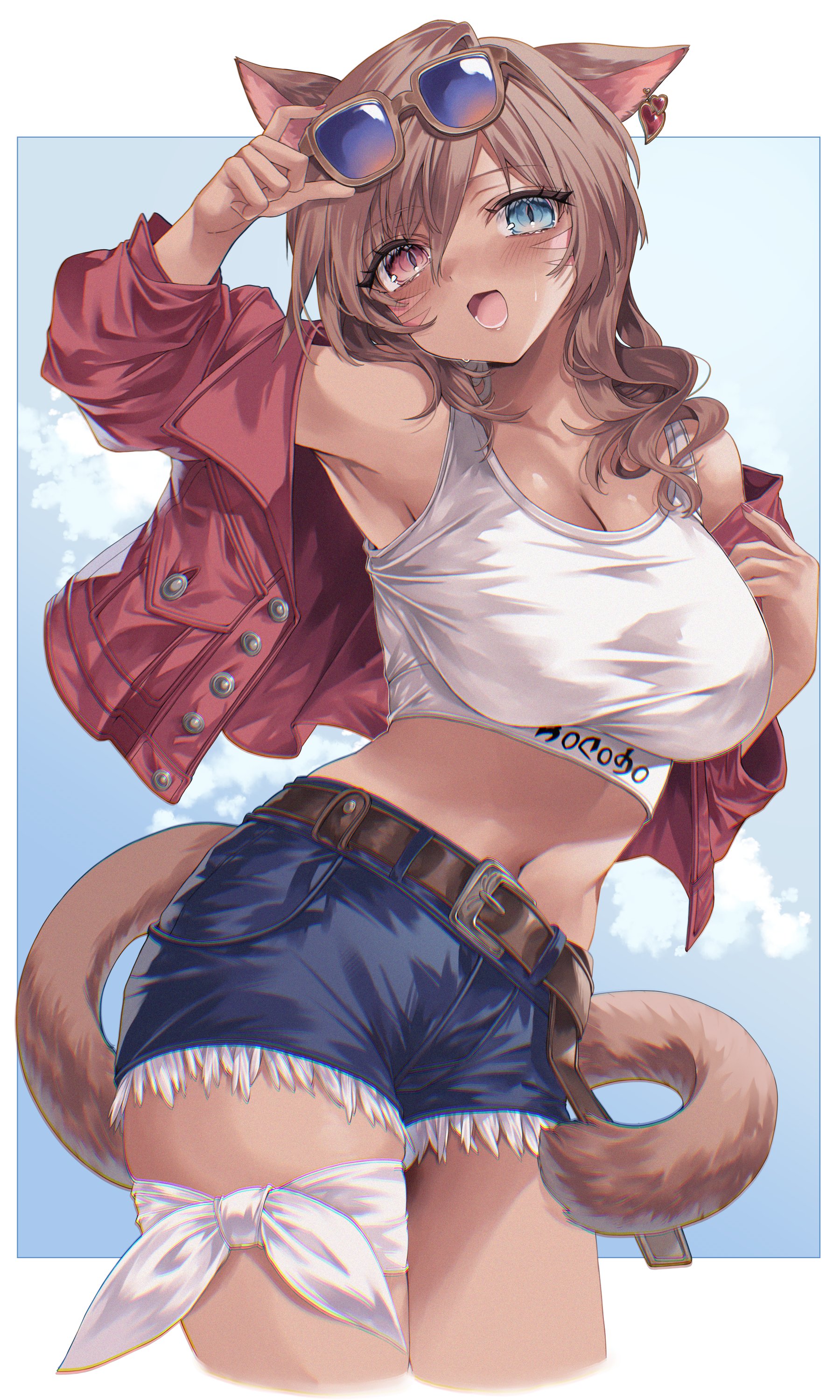 hime gyo, warrior of light (ff14), final fantasy, final fantasy xiv, absurdres, commentary request, highres, 1girl, animal ears, blue eyes, blue shorts, breasts, brown hair, cat ears, cat girl, cat tail, cleavage, earrings, eyewear on head, facial mark, heart, heart earrings, heterochromia, jacket, jacket partially removed, jewelry, looking at viewer, midriff, miqo'te, navel, red eyes, red jacket, shorts, single earring, solo, sunglasses, tail, tank top, whisker markings, white tank top