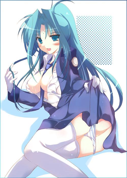 ibuki pon, lindy harlaown, lyrical nanoha, mahou shoujo lyrical nanoha, duplicate, 00s, blue necktie, blue panties, blush, clothes lift, dress, dress lift, facial mark, forehead mark, gloves, necktie, open clothes, open shirt, panties, panty pull, shirt, solo, striped clothes, striped panties, thighhighs, underwear, white gloves, white thighhighs
