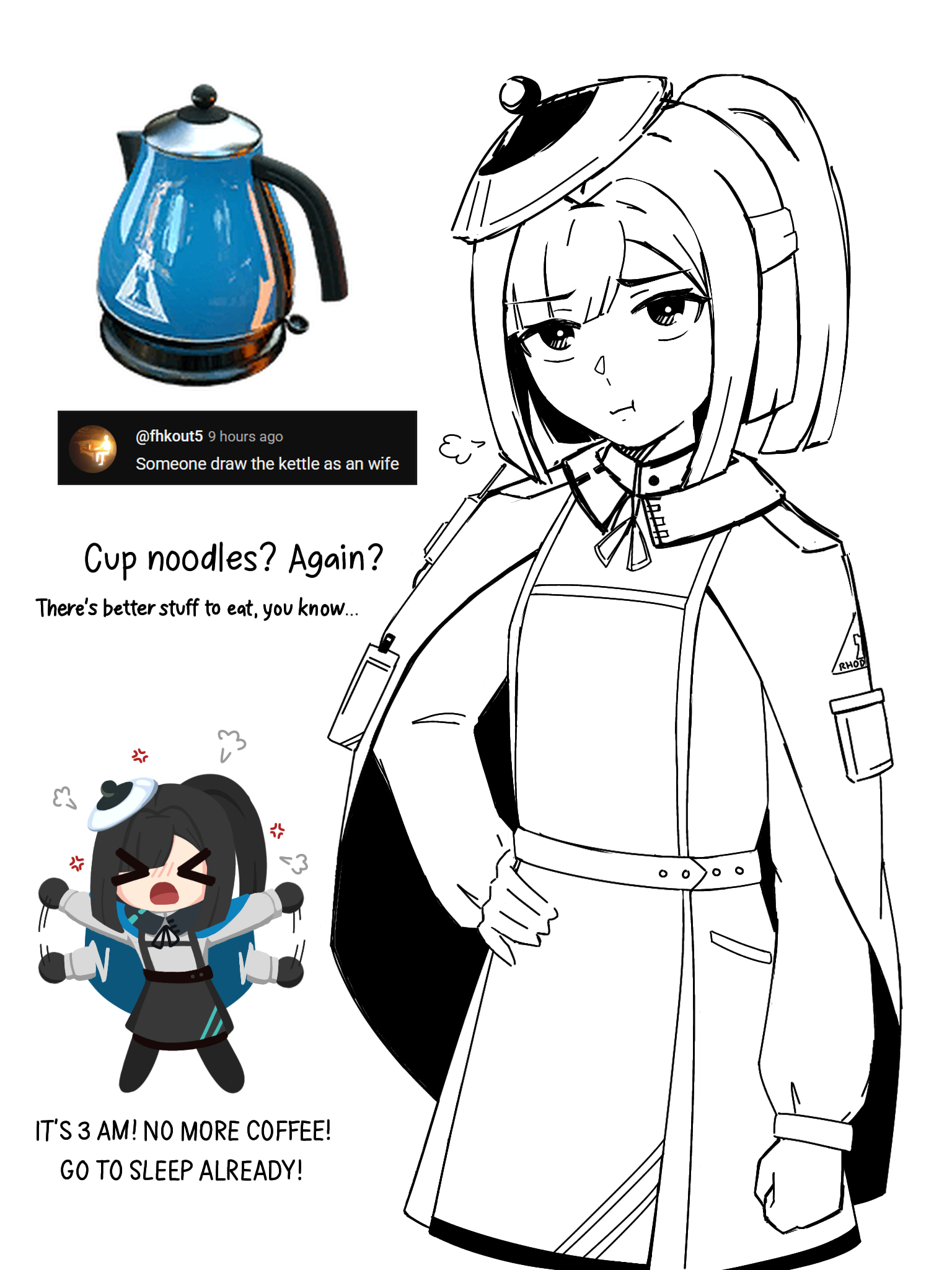 gribberoni, arknights, highres, > <, :t, black hair, closed mouth, english text, hand on own hip, kettle, open mouth, personification, ponytail, pout, simple background, waving arms, white background