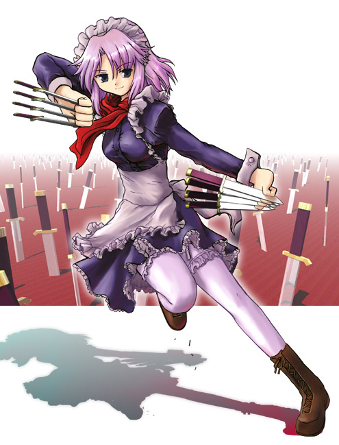 izayoi sakuya, touhou, silver hair, 1girl, between fingers, boots, braid, female focus, holding, knife, lace-up boots, maid, scarf, shadow, short hair, smile, solo, thighhighs, twin braids, white thighhighs