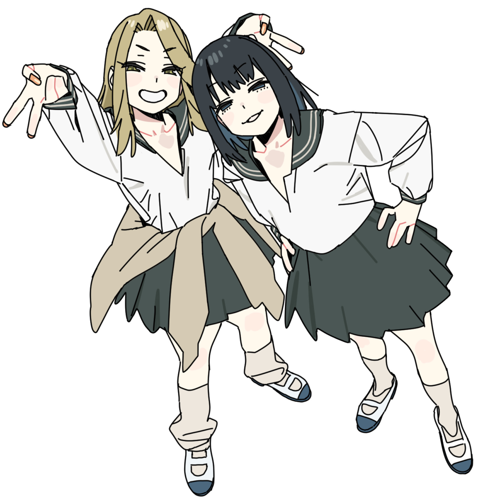 imamura ryou, seitokai ni mo ana wa aru!, highres, 2girls, black hair, blonde hair, multiple girls, school uniform, shirt, v, white background, white shirt