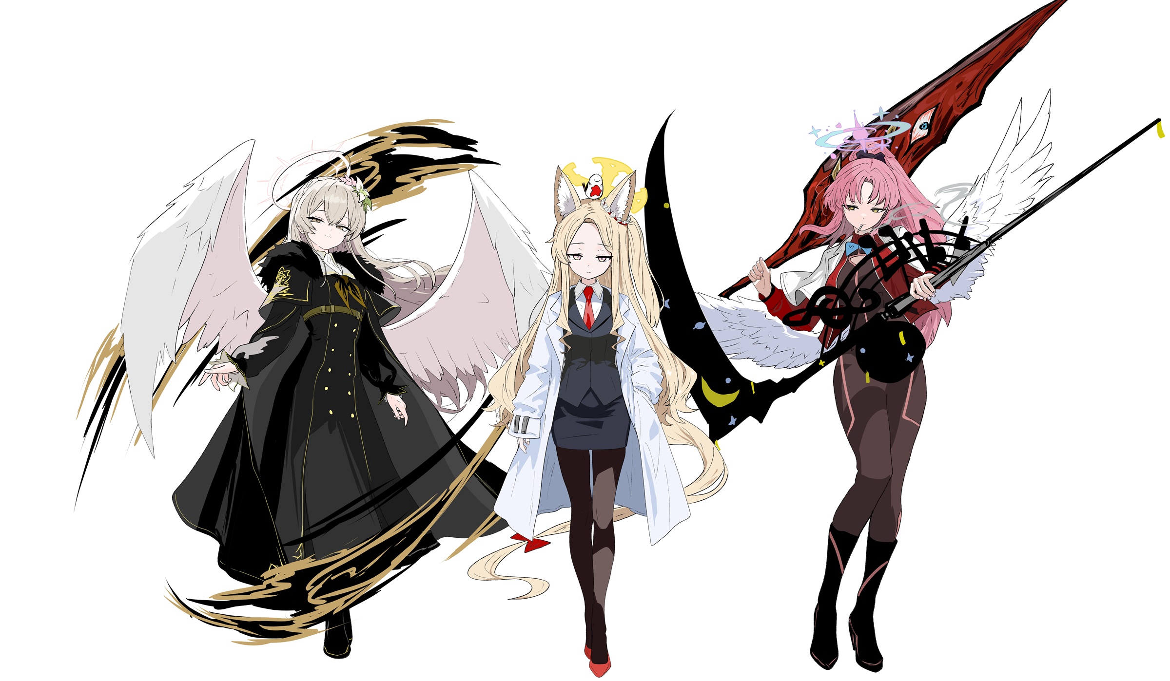 218 (niiya), angela (project moon), mika (blue archive), nagisa (blue archive), seia (blue archive), blue archive, lobotomy corporation, project moon, highres, 3girls, alternate costume, alternate hairstyle, angela (project moon) (cosplay), animal ear fluff, animal ears, bird, black bodysuit, black boots, black cloak, black dress, black pantyhose, blonde hair, bodysuit, boots, cloak, coat, cosplay, cross halo, dress, feathered wings, fox ears, fox girl, full body, hair between eyes, halo, holding, holding scythe, holding sword, holding weapon, jacket, knee boots, lab coat, long-tailed tit, long hair, multiple girls, necktie, pantyhose, parody, parted bangs, pink hair, ponytail, red jacket, red necktie, scythe, sidelocks, simple background, sword, tit (bird), weapon, white background, white bird, white coat, white wings, wings, yellow eyes, yellow halo
