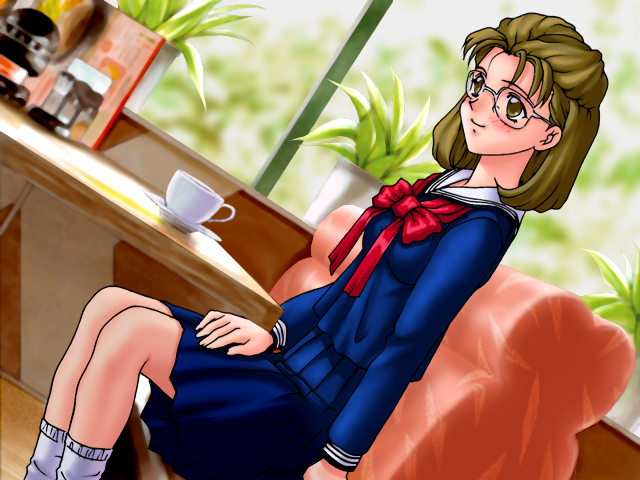 joy ride, houkago ren-ai club, game cg, 1girl, blue skirt, booth seating, breasts, brown eyes, brown hair, dutch angle, glasses, horikawa mutsumi, indoors, medium breasts, red ribbon, ribbon, school uniform, short hair, sitting, skirt, smile, solo