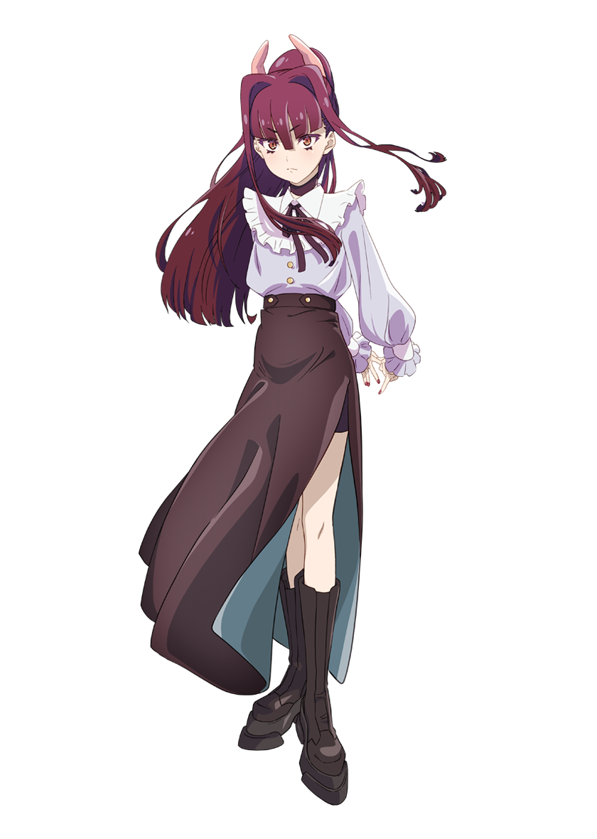 yuki (mayonaka punch), mayonaka punch, official art, 1girl, anime coloring, arima ryouta, arms behind back, bike shorts, black boots, black choker, black skirt, blush, boots, choker, closed mouth, collared shirt, frilled shirt, frilled sleeves, frills, full body, hair intakes, high ponytail, horns, long hair, long sidelocks, long sleeves, looking at viewer, orange eyes, pink horns, pink nails, ponytail, red hair, red ribbon, ribbon, shirt, side slit, sidelocks, simple background, skirt, solo, standing, transparent background, v-shaped eyebrows