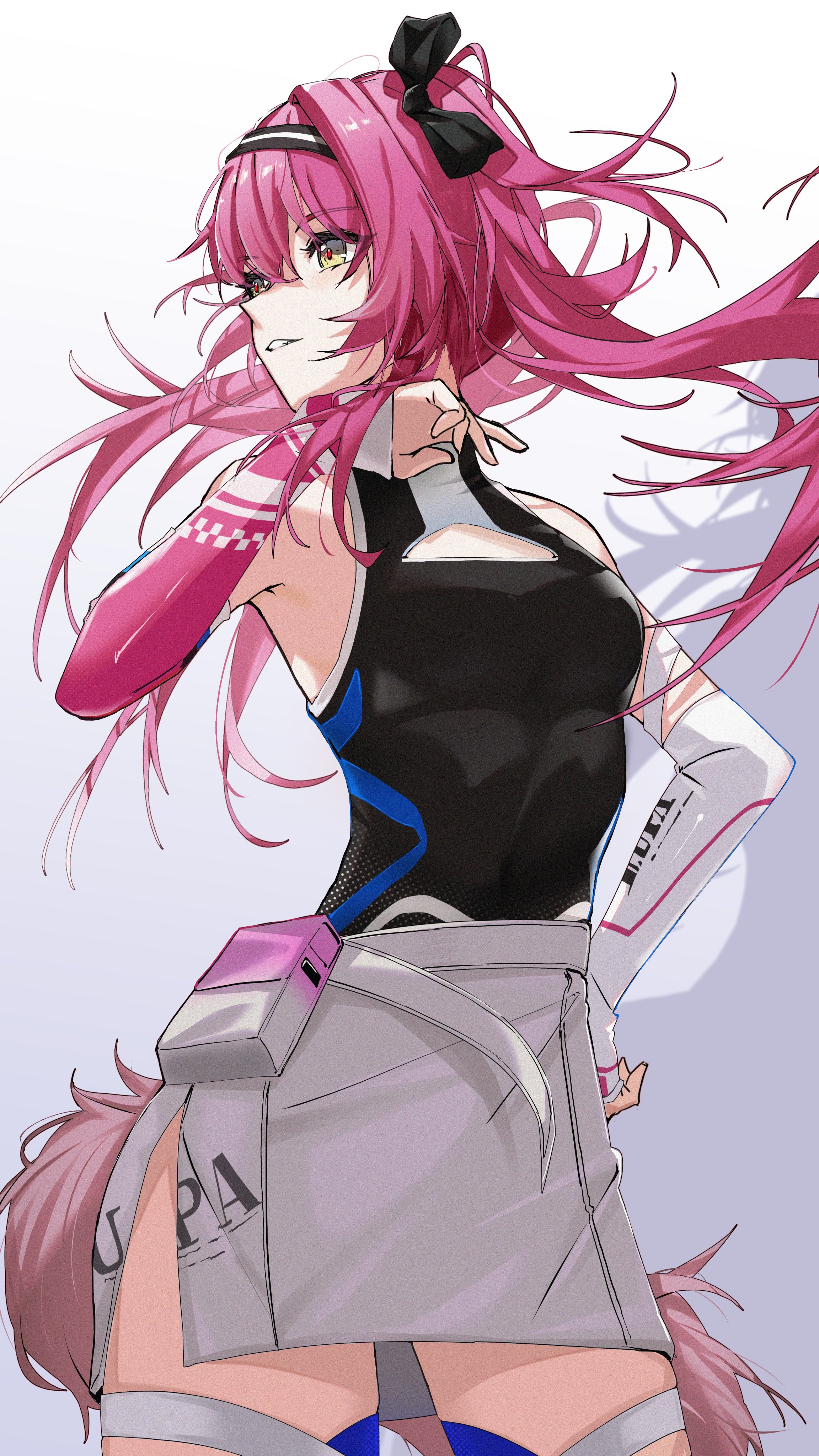 rena (rena emc2), lupa (wuthering waves), wuthering waves, absurdres, commentary, highres, 1girl, bare shoulders, black bow, black hairband, bow, breasts, cowboy shot, hair bow, hairband, hand up, long hair, medium breasts, official alternate costume, parted lips, pink hair, pouch, red pupils, shirt, side slit, simple background, skirt, sleeveless, sleeveless shirt, smile, solo, tail, thighs, white background, white skirt, wolf tail, yellow eyes