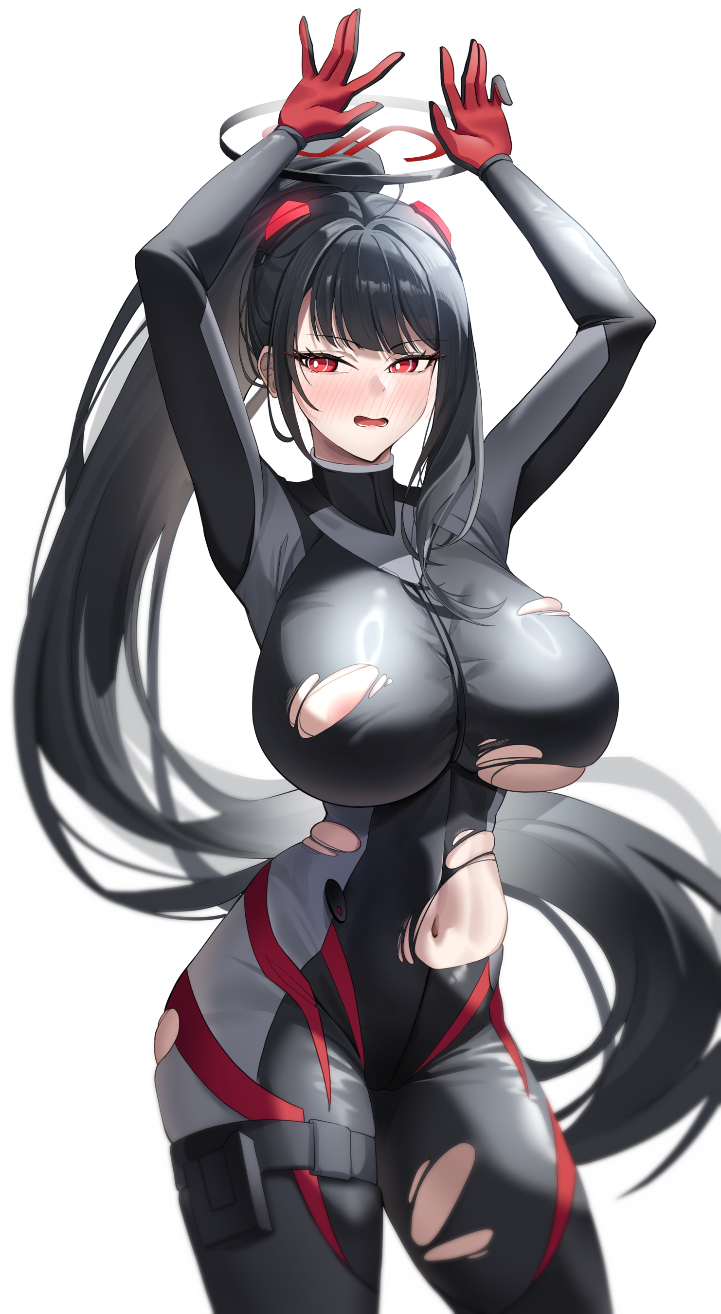 lancheu, rio (blue archive), rio (bodysuit) (blue archive), blue archive, absurdres, highres, 1girl, areola slip, arms up, black bodysuit, blush, bodysuit, bright pupils, cowboy shot, curvy, halo, long hair, looking at viewer, navel, official alternate costume, open mouth, ponytail, red eyes, simple background, solo, thick thighs, thighs, torn bodysuit, torn clothes, very long hair, white background, white pupils