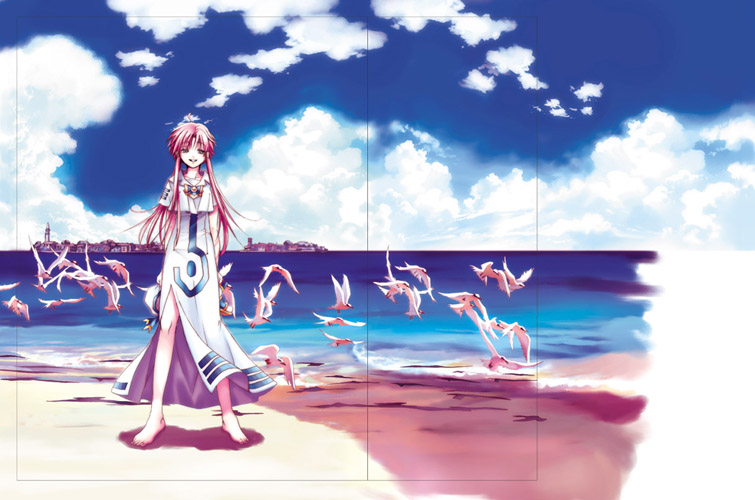 amano kozue, mizunashi akari, aria (manga), 00s, 1girl, barefoot, beach, bird, blouse, day, feet, female focus, outdoors, seagull, shirt, short hair with long locks, solo, toes, white shirt
