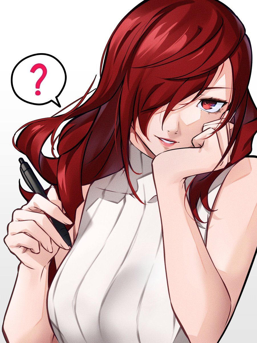 wanderstillart, kirijou mitsuru, persona, persona 3, highres, 1girl, bare shoulders, breasts, hair over one eye, heart, holding, holding pen, large breasts, long hair, looking at viewer, open mouth, parted lips, pen, red eyes, red hair, red lips, shirt, simple background, sleeveless, smile, solo, sweater, teeth, turtleneck, turtleneck sweater, upper body, white background, white sweater