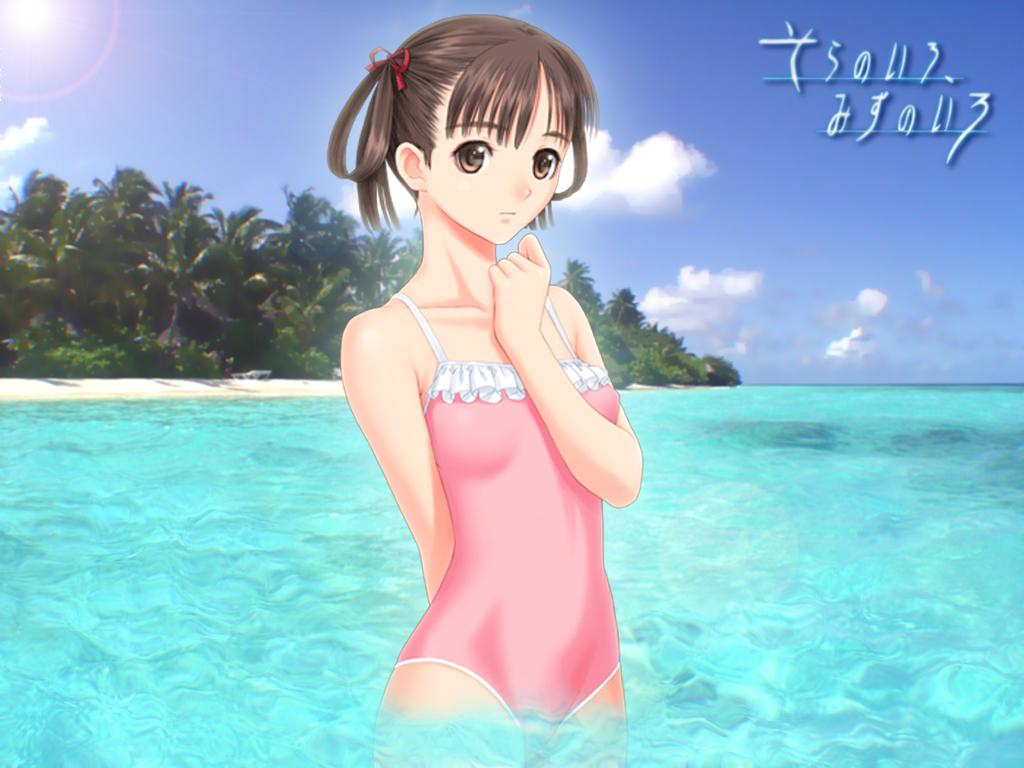 tony taka, sorayama natsume, sora no iro mizu no iro, frilled swimsuit, 00s, 1girl, arm behind back, beach, black hair, casual one-piece swimsuit, day, female focus, forest, frills, hair rings, hand to own mouth, nature, ocean, one-piece swimsuit, outdoors, palm tree, photo background, solo, sun, swimsuit, tree, water