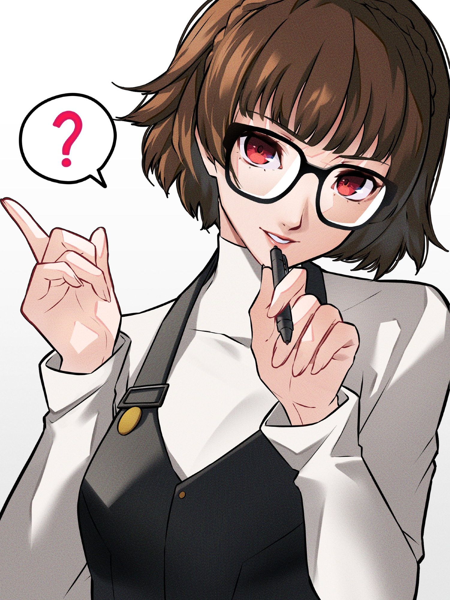 wanderstillart, niijima makoto, persona, persona 5, highres, 1girl, black vest, braid, breasts, brown hair, crown braid, glasses, holding, holding pen, long sleeves, looking at viewer, parted lips, pen, red eyes, school uniform, short hair, shuujin academy school uniform, simple background, smile, solo, sweater, teeth, vest, white background, white sweater