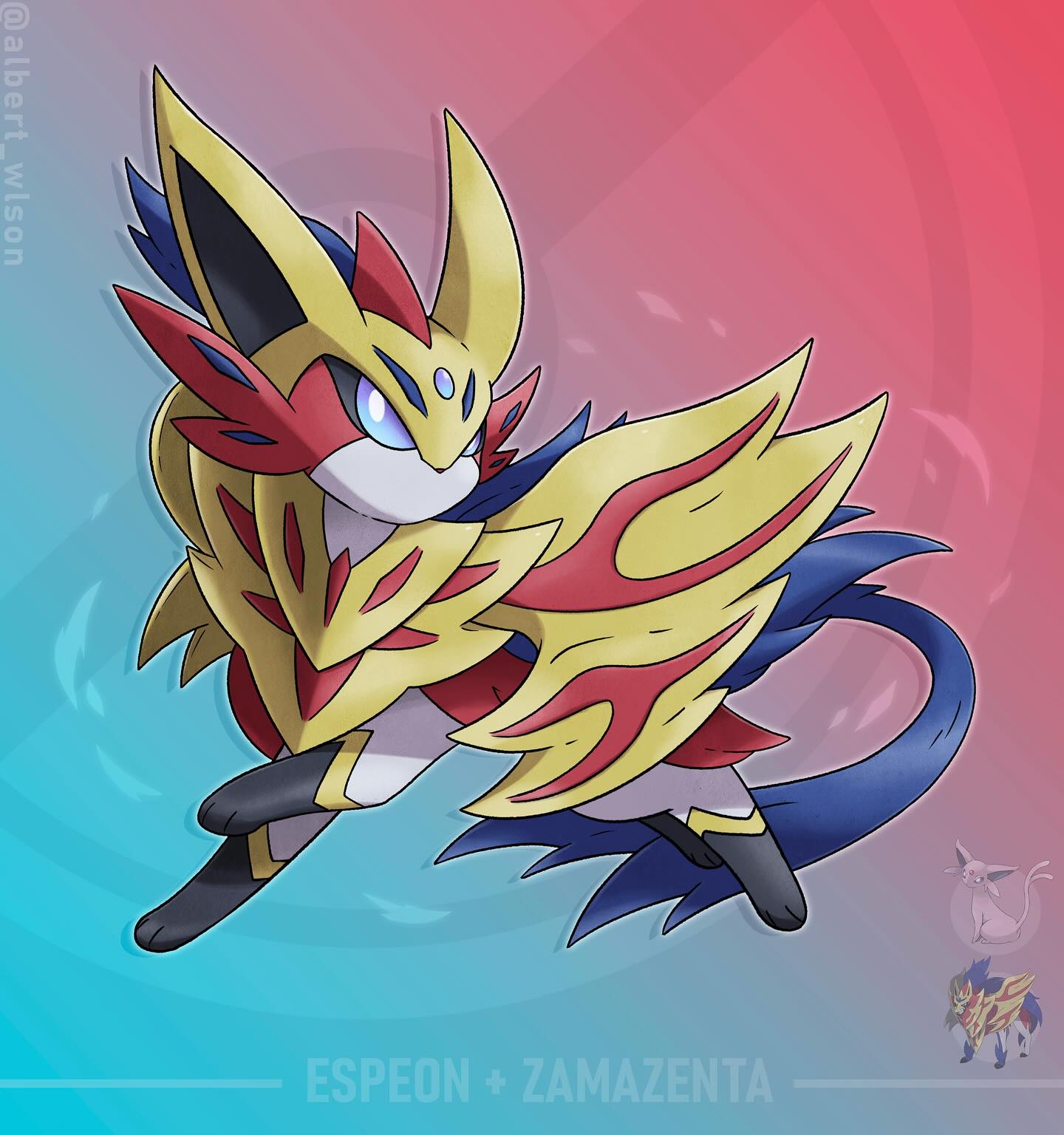 albrt-wlson, espeon, zamazenta, zamazenta (crowned), nintendo, pokemon, commentary, english commentary, highres, animal focus, character name, full body, fusion, gen 2 pokemon, gen 8 pokemon, legendary pokemon, no humans, official art inset, pokemon (creature), pokemon focus, solo