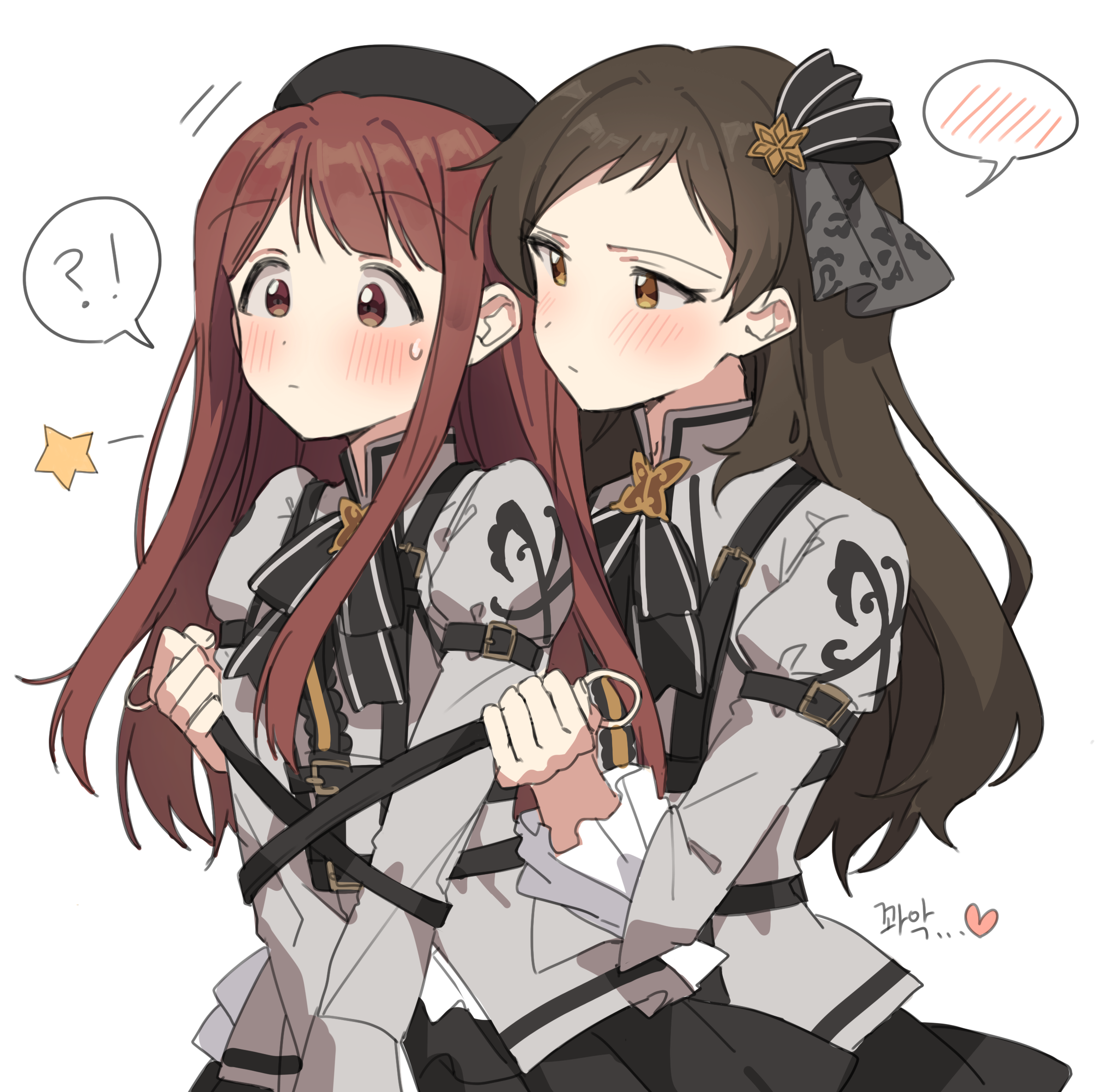 hano9789, kitazawa shiho, tanaka kotoha, idolmaster, idolmaster million live!, idolmaster million live! theater days, highres, !?, 2girls, behind another, beret, black hat, blush, brown eyes, closed mouth, dress, grey dress, hair ribbon, hat, heart, juliet sleeves, korean text, long hair, long sleeves, looking at another, multiple girls, official alternate costume, proud of stage (idolmaster), puffy sleeves, red hair, ribbon, simple background, speech bubble, standing, star (symbol), sweatdrop, upper body, white background, yuri