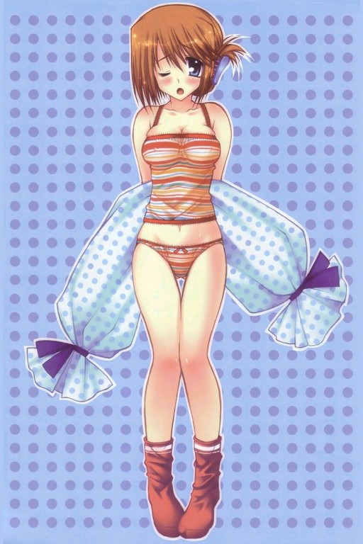komaki manaka, to heart (series), to heart 2, 00s, 1girl, abstract background, blue eyes, blush, bow, bow panties, brown hair, camisole, female focus, folded ponytail, lace, lace-trimmed panties, lace trim, lingerie, multi-colored panties, multicolored panties, panties, socks, solo, striped clothes, striped panties, thigh gap, thighs, underwear, wince