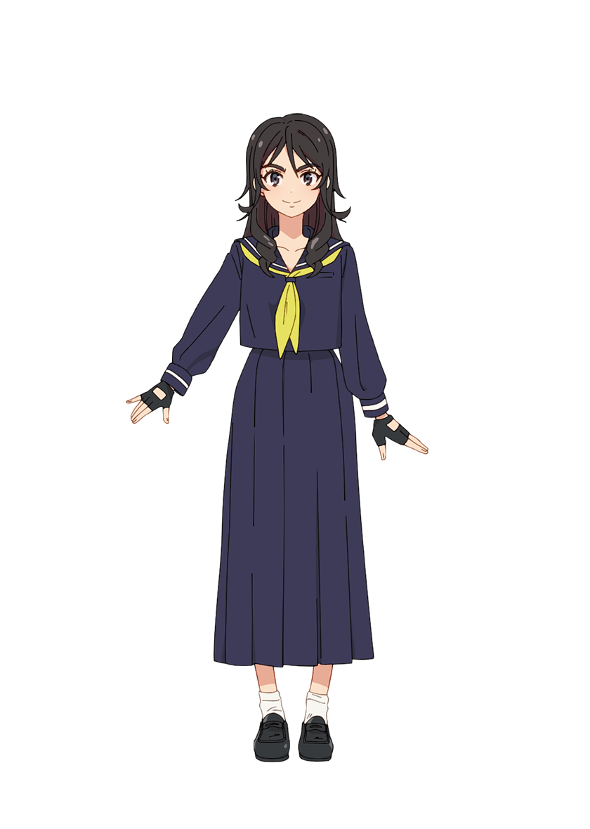 mayonaka punch, official art, 1girl, anime coloring, arima ryouta, aya (mayonaka punch), black gloves, black hair, black sailor collar, black skirt, closed mouth, collarbone, drill hair, drill sidelocks, fingerless gloves, full body, gloves, grey eyes, grey shoes, hair between eyes, loafers, long hair, long skirt, long sleeves, looking at viewer, neckerchief, pleated skirt, sailor collar, school uniform, serafuku, shoes, sidelocks, simple background, skirt, smile, socks, solo, standing, transparent background, white socks, yellow neckerchief