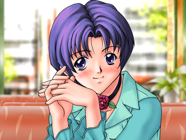 joy ride, inaba ayumu, houkago ren-ai club, game cg, 1girl, blue shirt, blush, booth seating, choker, indoors, pov, pov across table, purple eyes, purple hair, shirt, short hair, sitting, smile, solo, upper body