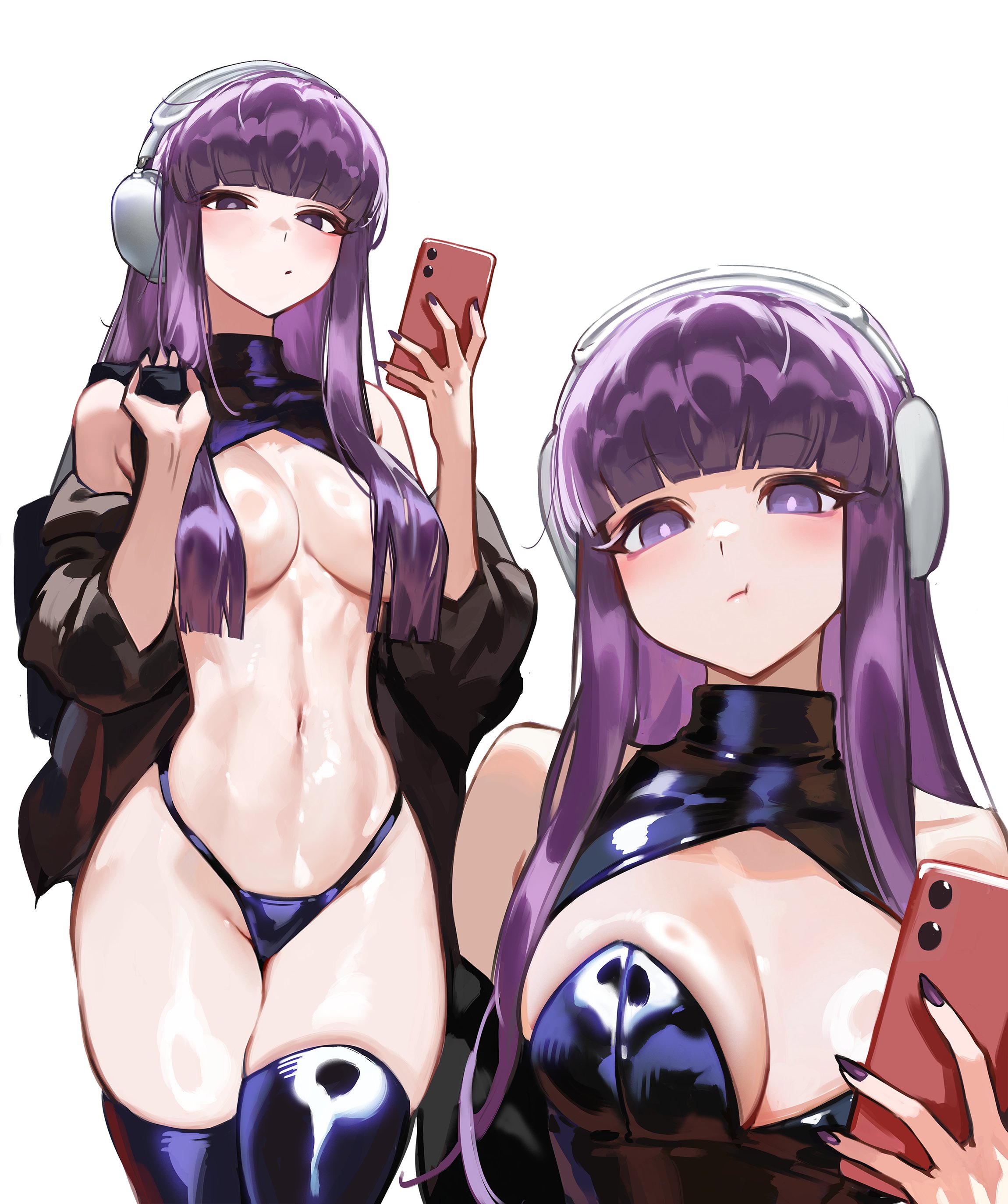 foolish potato, fern (sousou no frieren), sousou no frieren, absurdres, commentary, highres, 1girl, :/, :t, bare shoulders, black jacket, black panties, black thighhighs, blunt bangs, blush, breasts, cellphone, closed mouth, cowboy shot, crop top, fingernails, hair over breasts, headphones, highleg, highleg panties, holding, holding phone, jacket, large breasts, long hair, looking at viewer, multiple views, nail polish, navel, off shoulder, open clothes, open jacket, panties, phone, pout, purple eyes, purple hair, purple nails, shiny clothes, shiny skin, simple background, sleeveless, sleeves pushed up, smartphone, standing, thighhighs, underwear, upper body, white background