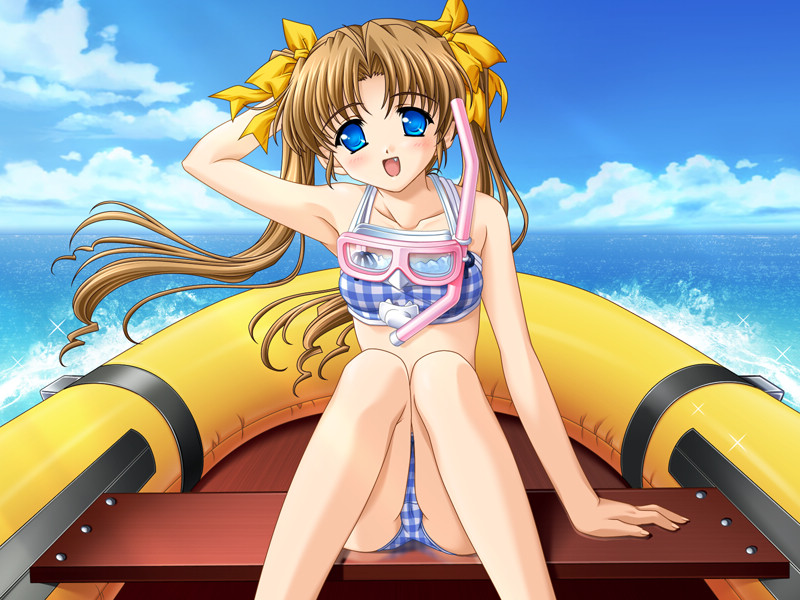 nakazato hikari, lamune, game cg, 00s, 1girl, beach, bikini, blue eyes, blush, boat, brown hair, cloud, day, diving mask, fang, female focus, goggles, knees together feet apart, long hair, on boat, outdoors, raft, sky, smile, snorkel, solo, swimsuit, twintails, water, watercraft