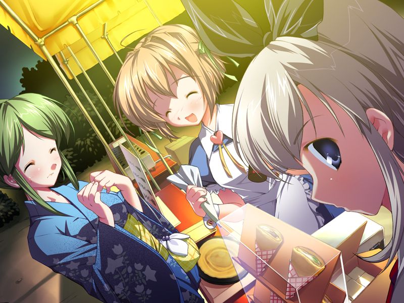 hagiwara onsen, hayasaka remi, kusakabe kotoko, shidou ayane, festa!! hyper girls pop, silver hair, game cg, 3girls, apron, blue eyes, closed eyes, crepe, food, food stand, green eyes, japanese clothes, kimono, multiple girls, ribbon, yukata