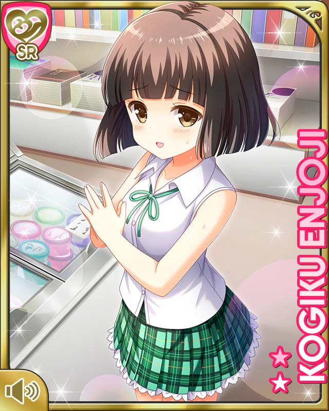 qp:flapper, enjoji kogiku, girlfriend (kari), official art, tagme, 1girl, blunt bangs, bob cut, brown eyes, card (medium), character name, green skirt, indoors, light smile, open mouth, plaid clothes, plaid skirt, pleated skirt, school uniform, shirt, short hair, skirt, sleeveless, smile, white shirt