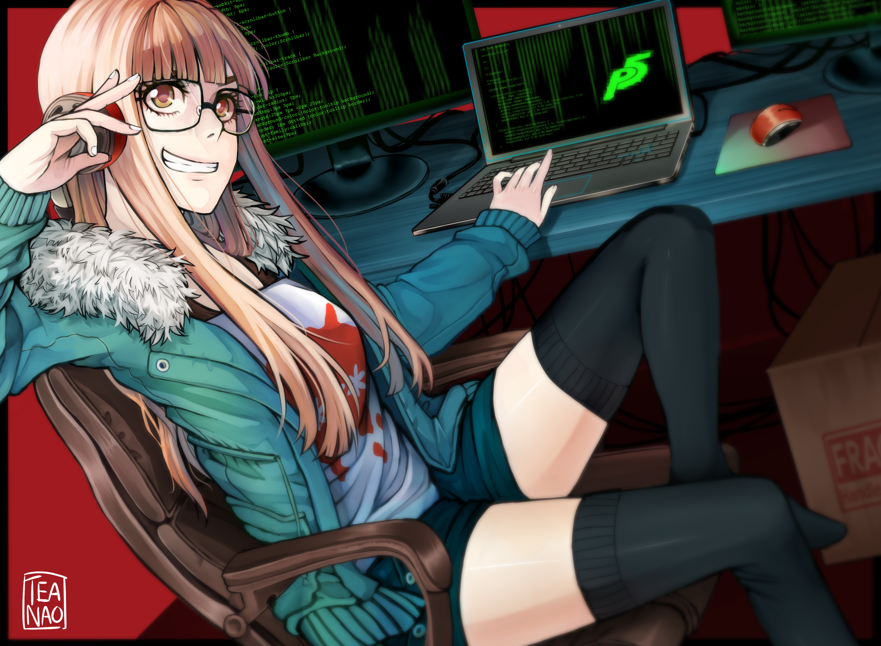 teanao, sakura futaba, persona, persona 5, highres, 1girl, arm up, behind-the-head headphones, black-framed eyewear, black shorts, black thighhighs, blunt bangs, box, brown eyes, brown hair, chair, computer, computer mouse, desk, fur-trimmed jacket, fur trim, glasses, green jacket, grin, headphones, jacket, laptop, monitor, open clothes, open jacket, shirt, short shorts, shorts, sitting, smile, solo, thighhighs, thighs, white shirt