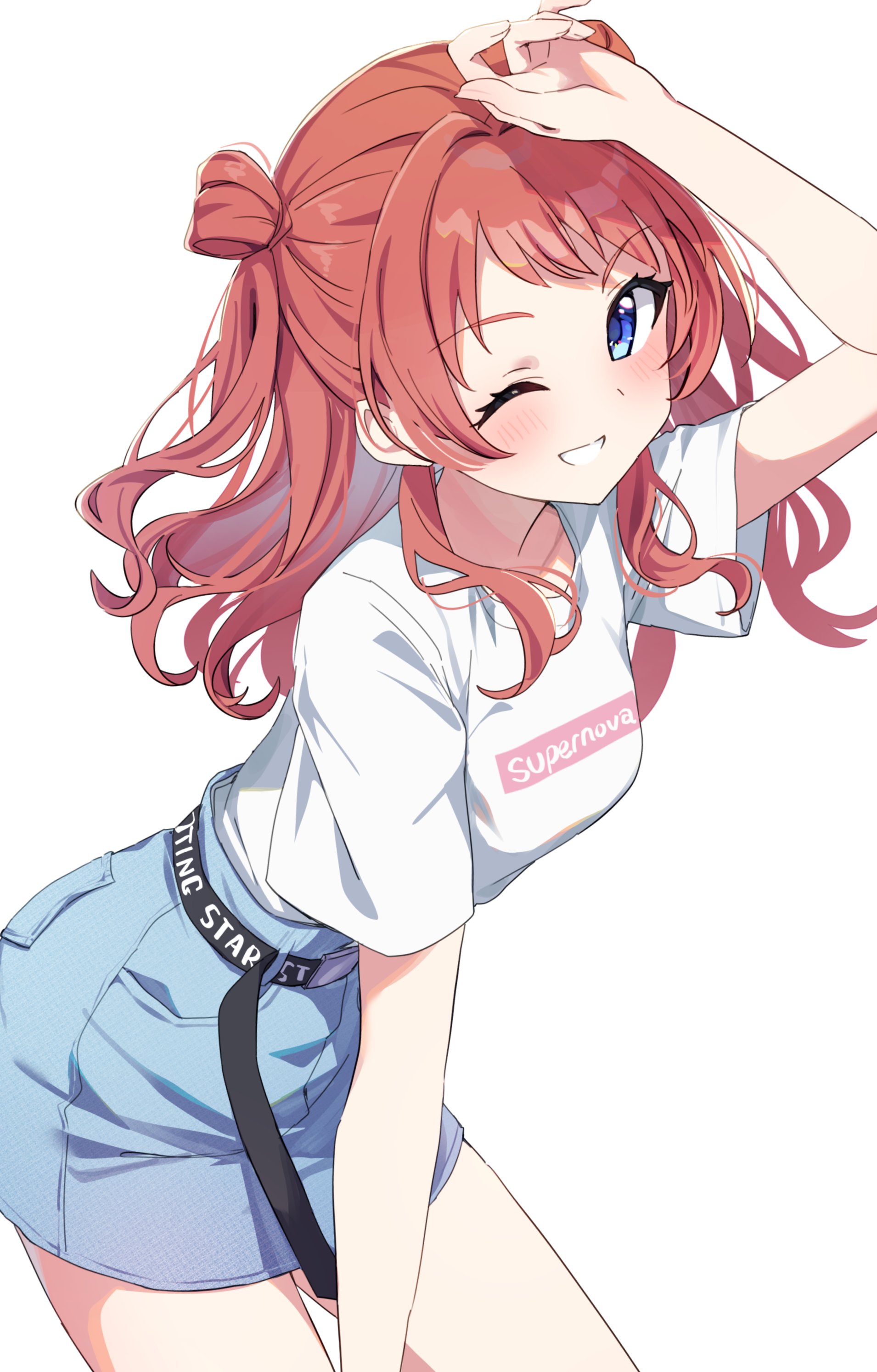 reikakrzk, hanami saki, gakuen idolmaster, idolmaster, absurdres, highres, 1girl, arm up, belt, blue eyes, blue skirt, blush, breasts, brown hair, hair bun, long hair, looking at viewer, one eye closed, open mouth, red hair, shirt, short sleeves, simple background, skirt, smile, solo, teeth, two side up, white background, white shirt