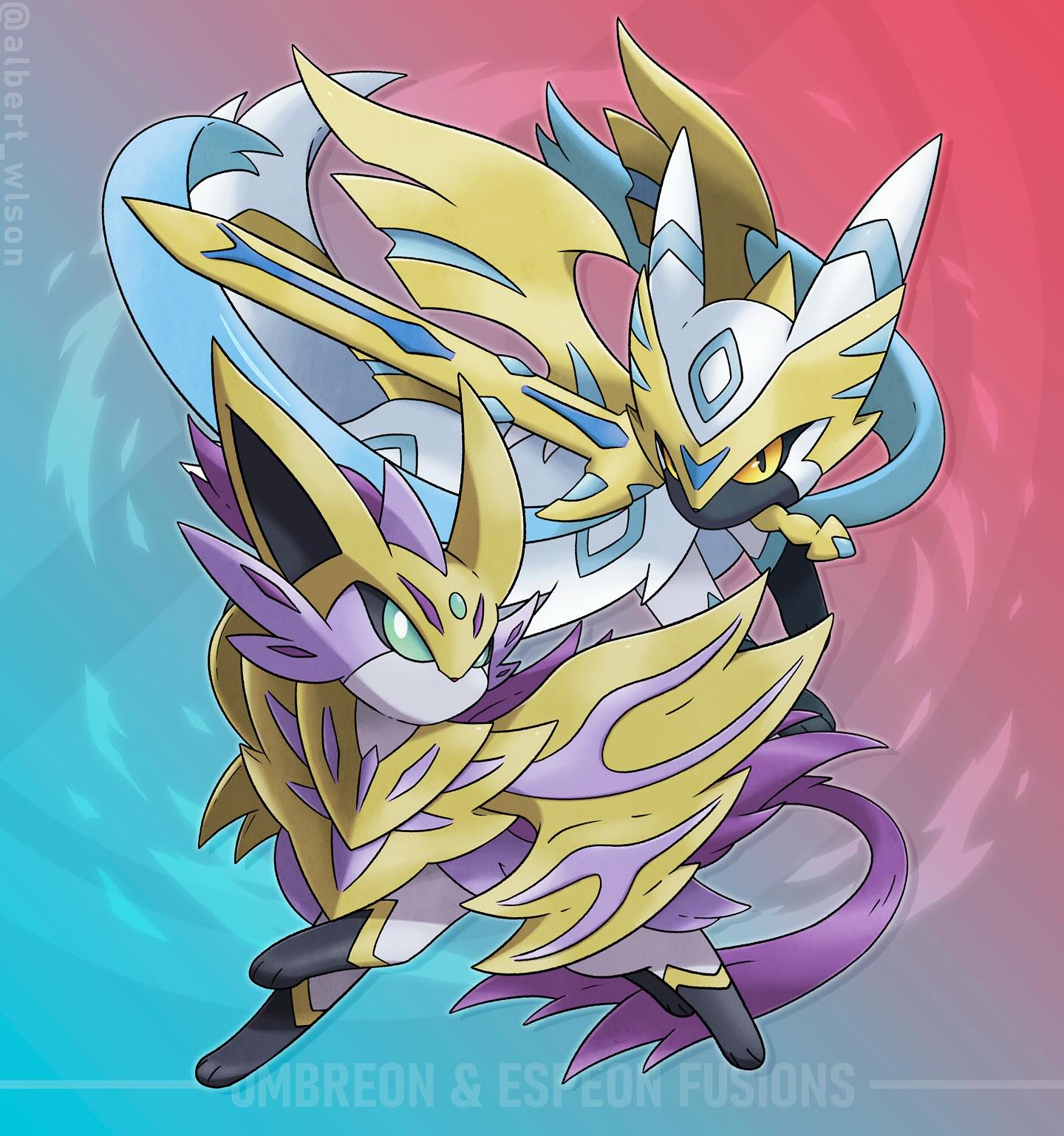 albrt-wlson, espeon, umbreon, zacian, zacian (crowned), zamazenta, zamazenta (crowned), nintendo, pokemon, commentary, english commentary, highres, alternate color, animal focus, character name, english text, fusion, gen 2 pokemon, gen 8 pokemon, holding, holding sword, holding weapon, legendary pokemon, mouth hold, no humans, pokemon (creature), pokemon focus, shiny pokemon, sword, weapon