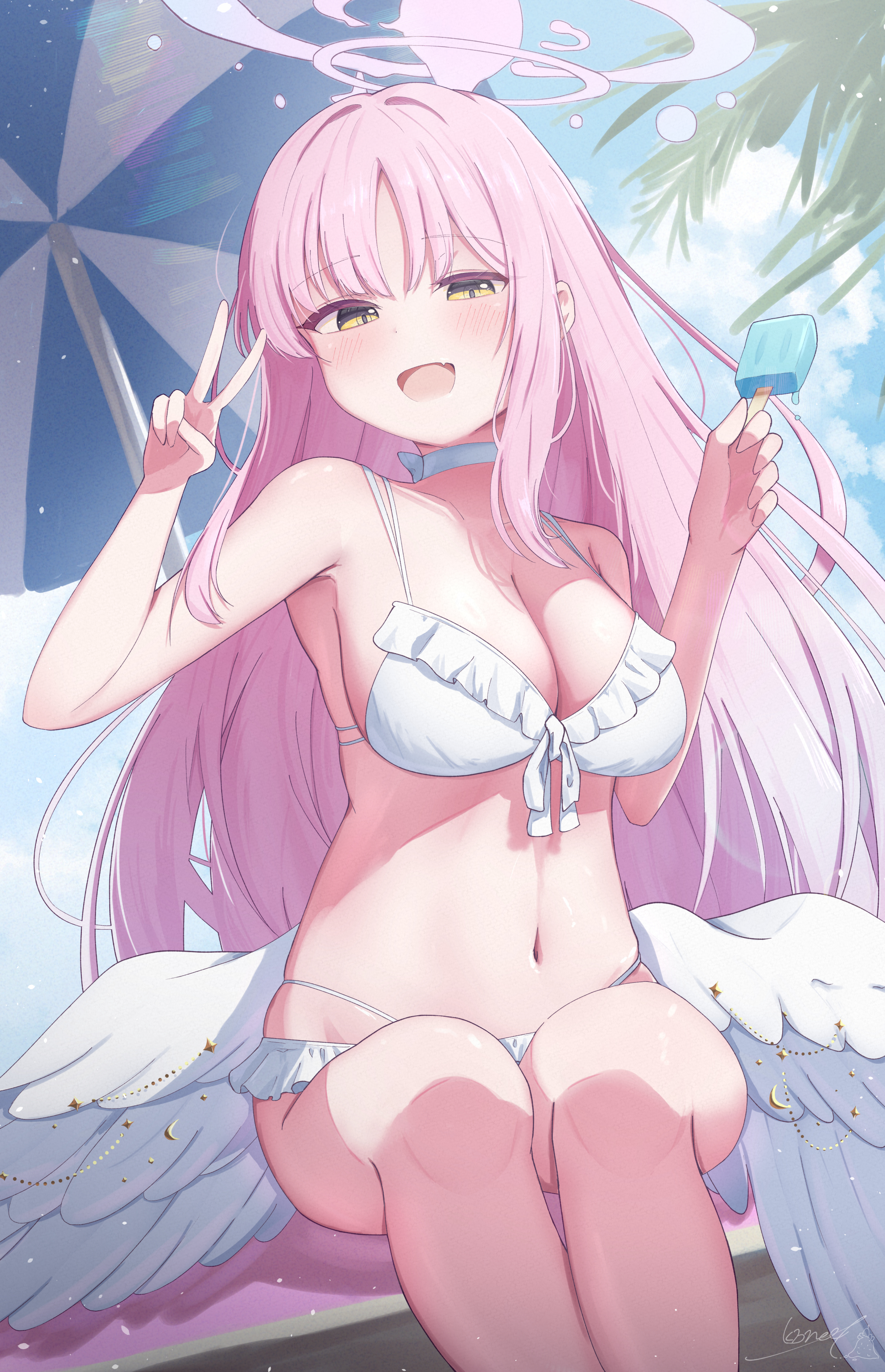 kabomeel lse, mika (blue archive), mika (swimsuit) (blue archive), blue archive, absurdres, highres, 1girl, angel wings, beach umbrella, bikini, blush, breasts, cleavage, collarbone, feathered wings, food, frilled bikini, frilled bikini top, frills, halo, holding, holding food, holding popsicle, long hair, looking at viewer, melting popsicle, navel, official alternate costume, official alternate hairstyle, open mouth, pink hair, pink halo, popsicle, smile, solo, stomach, swimsuit, umbrella, v, very long hair, white bikini, white wings, wing ornament, wings, yellow eyes