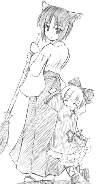 bedrawbox, mizushima kai, hinaichigo, kashiwaba tomoe, rozen maiden, graphite (medium), traditional media, 00s, 2girls, animal ears, fox ears, greyscale, japanese clothes, long sleeves, miko, mole, mole under eye, monochrome, multiple girls, sketch