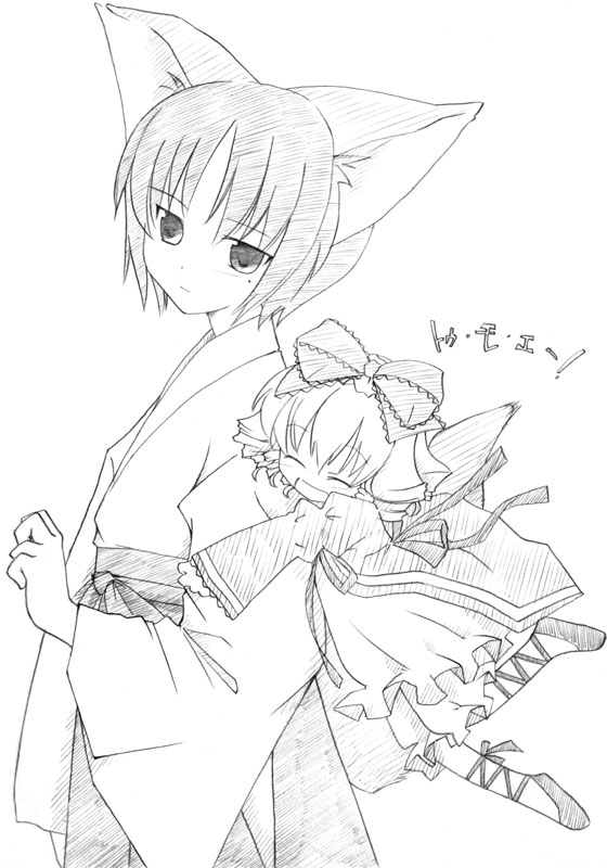 takami ryou, hinaichigo, kashiwaba tomoe, rozen maiden, graphite (medium), traditional media, 00s, 2girls, animal ears, fox ears, greyscale, japanese clothes, long sleeves, miko, mole, mole under eye, monochrome, multiple girls, sketch