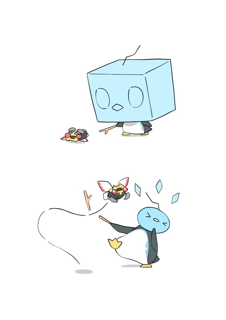 igwjgsarifbfo9u, eiscue, eiscue (ice), eiscue (noice), ninjask, nintendo, pokemon, animal focus, bird, bug, flying, full body, gen 3 pokemon, gen 8 pokemon, ice, insect wings, no humans, penguin, pokemon (creature), pokemon focus, red eyes, simple background, stick, white background, wings