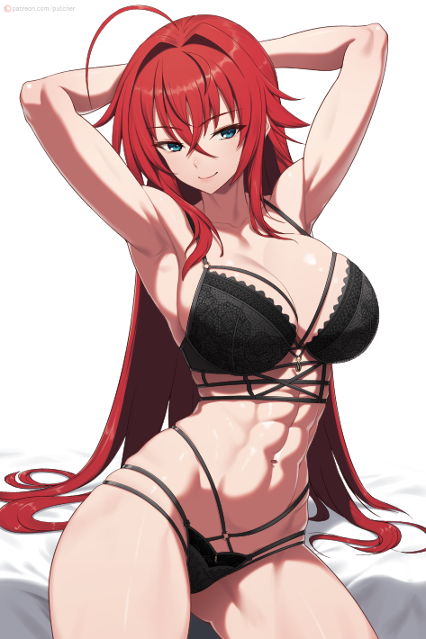 putcher, rias gremory, high school dxd, 1girl, abs, ahoge, armpits, arms up, black bra, black panties, blue eyes, bra, breasts, cleavage, closed mouth, large breasts, long hair, looking at viewer, navel, panties, red hair, sitting, smile, solo, stomach, underwear, underwear only, very long hair