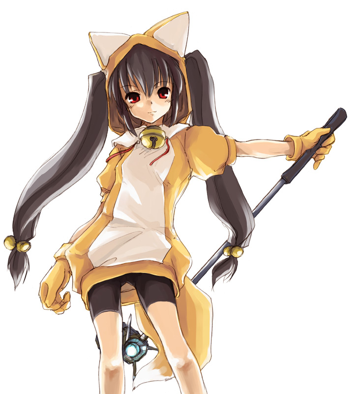 akiyama nenehisa, kooh (pangya), pangya, 1girl, animal ears, animal hood, bell, black hair, cat hood, female focus, fox ears, hood, jingle bell, long hair, looking at viewer, red eyes, solo, twintails