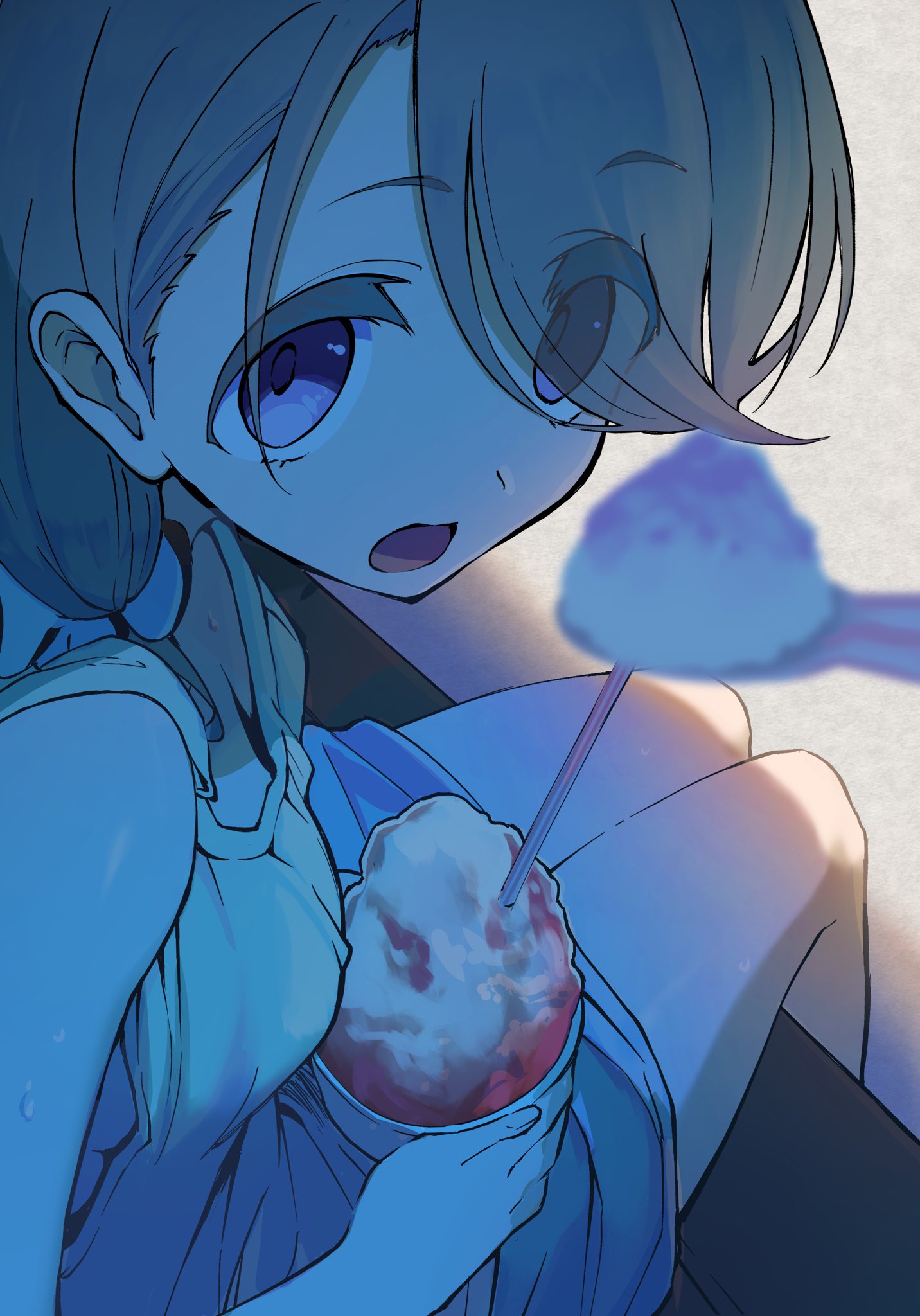 kootee-on, shikishima sakurako, mono (afro), commentary, highres, 1girl, breasts, cup, day, eyes visible through hair, fed by viewer, feeding, food, from above, from side, grey hair, hair over one eye, holding, holding cup, looking at viewer, open mouth, purple eyes, shade, shaved ice, shirt, sitting, skirt, sleeveless, sleeveless shirt, small breasts, solo focus, spoon, sweat, swept bangs, thick eyelashes, yellow shirt