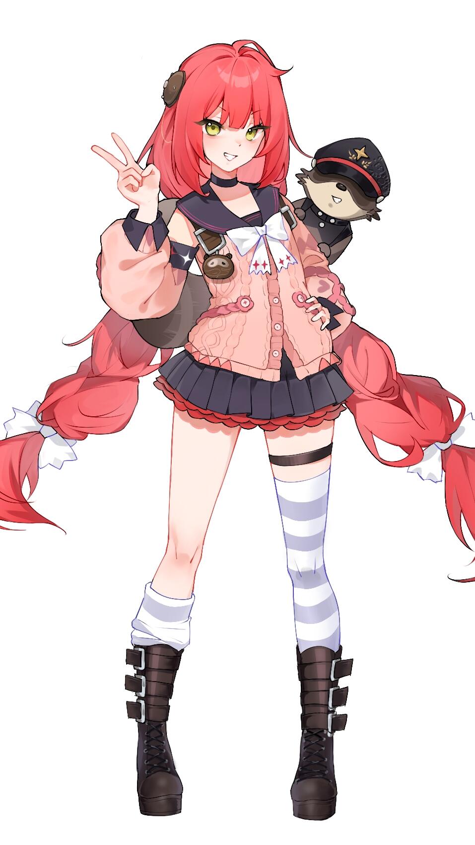 ukinami yuzuha, zenless zone zero, bad source, highres, 1girl, ahoge, asymmetrical legwear, backpack, bag, black choker, black sailor collar, black skirt, blush, boots, bow, braid, cardigan, choker, detached sleeves, full body, green eyes, grin, hair between eyes, hair bow, hair ornament, hand on own hip, hat, horns, kneehighs, leg ribbon, long hair, long sleeves, looking at viewer, low-braided long hair, low-tied long hair, low twin braids, low twintails, miniguo, miniskirt, mismatched legwear, pleated skirt, red hair, ribbon, sailor collar, school uniform, shirt, simple background, single sock, single thighhigh, skirt, smile, socks, solo, standing, thigh strap, thighhighs, twin braids, twintails, v, very long hair, white background, white bow, white shirt, yellow eyes