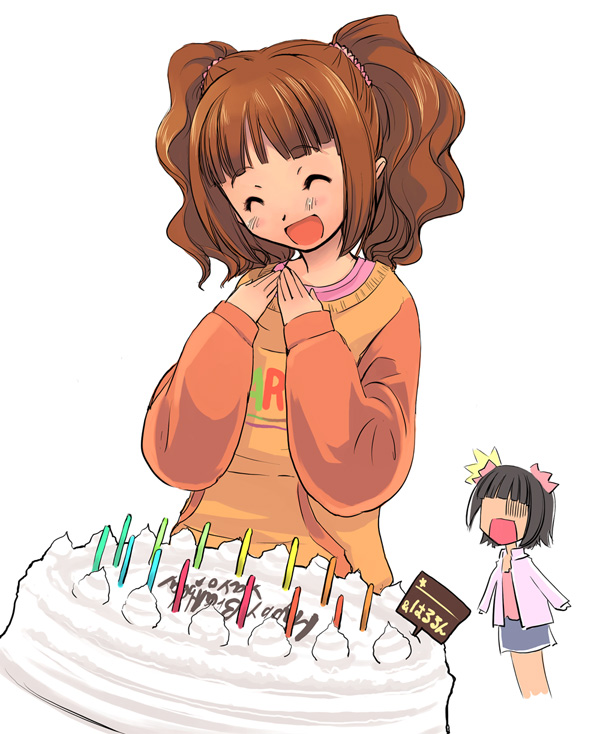 yuu (kfc), amami haruka, takatsuki yayoi, idolmaster, idolmaster (classic), idolmaster 1, 00s, 2girls, :d, birthday, blush, brown hair, cake, closed eyes, food, long sleeves, multiple girls, open mouth, pastry, raglan sleeves, red hair, short hair, simple background, smile, twintails, white background