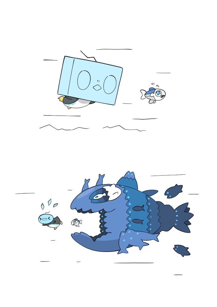 igwjgsarifbfo9u, eiscue, eiscue (ice), eiscue (noice), wishiwashi, wishiwashi (school), wishiwashi (solo), nintendo, pokemon, animal focus, bird, fish, gen 7 pokemon, gen 8 pokemon, hunting, ice, no humans, penguin, pokemon (creature), pokemon focus, simple background, swimming, white background