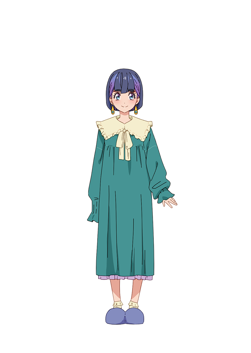 mayonaka punch, official art, 1girl, anime coloring, arima ryouta, blue eyes, blue hair, blue slippers, closed mouth, earrings, full body, jewelry, lingerie, long sleeves, looking at viewer, multicolored hair, negligee, otomi (mayonaka punch), purple hair, ribbon, short hair, simple background, sleepwear, sleeves past fingers, sleeves past wrists, slippers, smile, socks, solo, standing, tareme, thick eyebrows, transparent background, underwear, white ribbon, white socks