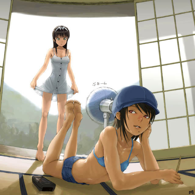 yoneda taishou, 2girls, bare shoulders, barefoot, bikini, bikini top only, black hair, blue bikini, bow, bra, breasts, brown eyes, brown hair, buttons, clothes lift, collarbone, controller, day, denim, denim shorts, dress, dress lift, electric fan, fanning self, feet, flat chest, full body, green eyes, hair bow, hairband, hat, head rest, holding, indoors, lifting own clothes, lingerie, long hair, lying, mole, mole under mouth, mountain, multiple girls, newsboy cap, no shirt, on floor, on stomach, open door, parted lips, porch, red eyes, remote control, see-through clothes, see-through silhouette, shiny skin, short dress, short hair, short shorts, shorts, shouji, sky, sliding doors, small breasts, soles, standing, summer, sundress, sweat, swimsuit, tan, tatami, tree, underwear, white dress