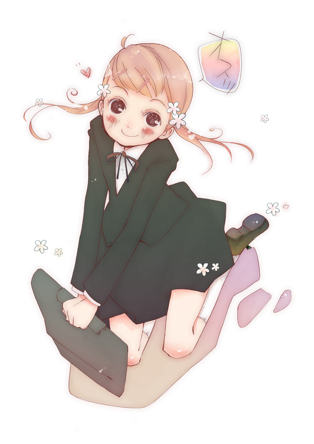 madam s, original, 1girl, blazer, blush, brown eyes, brown hair, female focus, flower, green shirt, green skirt, hair flower, hair ornament, jacket, kneehighs, long sleeves, looking at viewer, school uniform, shirt, short hair, skirt, smile, socks, solo, twintails, white socks