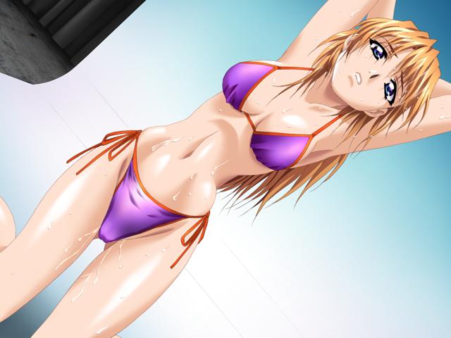 kagemichi, rindou aya (meshimase idol), meshimase idol, game cg, 1girl, armpits, arms behind head, arms up, bikini, blue eyes, breasts, cleavage, dutch angle, female focus, kneeling, large breasts, long hair, navel, purple bikini, side-tie bikini bottom, solo, swimsuit, wet
