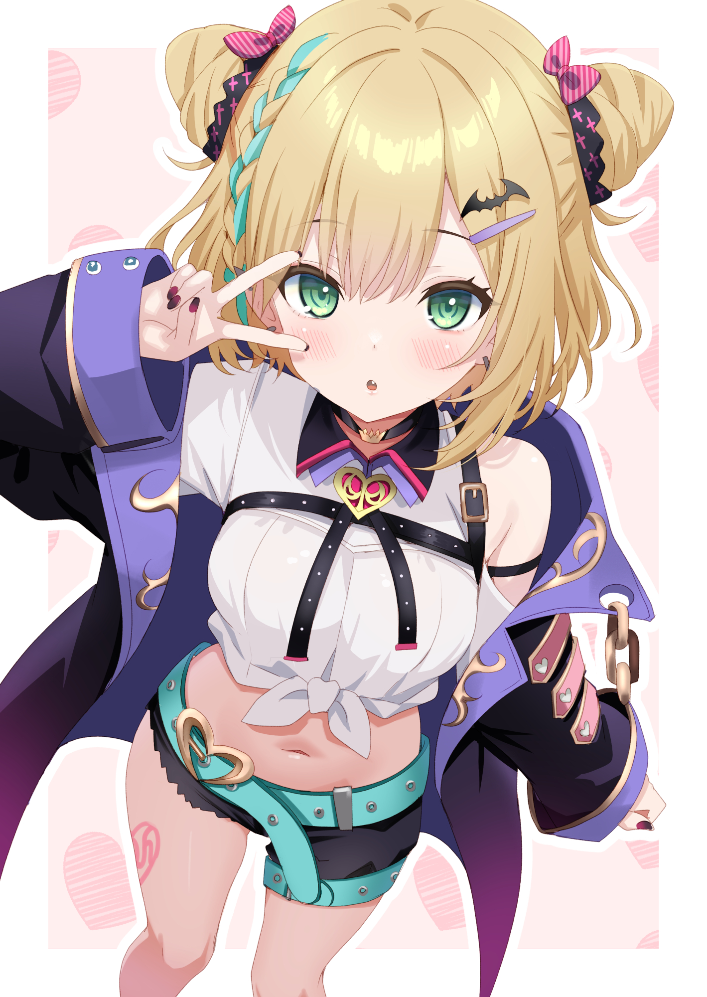 toketa-sekai, kurumi noah, kurumi noah (1st costume), vspo!, commentary request, highres, 1girl, :o, aqua belt, aqua hair, aqua streaks, asymmetrical shorts, bat hair ornament, belt, black belt, black coat, black nails, black shorts, blonde hair, breasts, chest belt, coat, cone hair bun, double bun, fang, feet out of frame, fingernails, green eyes, hair bun, hair ornament, leg tattoo, long sleeves, looking at viewer, midriff, nail polish, navel, open clothes, open coat, open mouth, shirt, shorts, solo, standing, tattoo, tied shirt, v, v over eye, virtual youtuber, white shirt