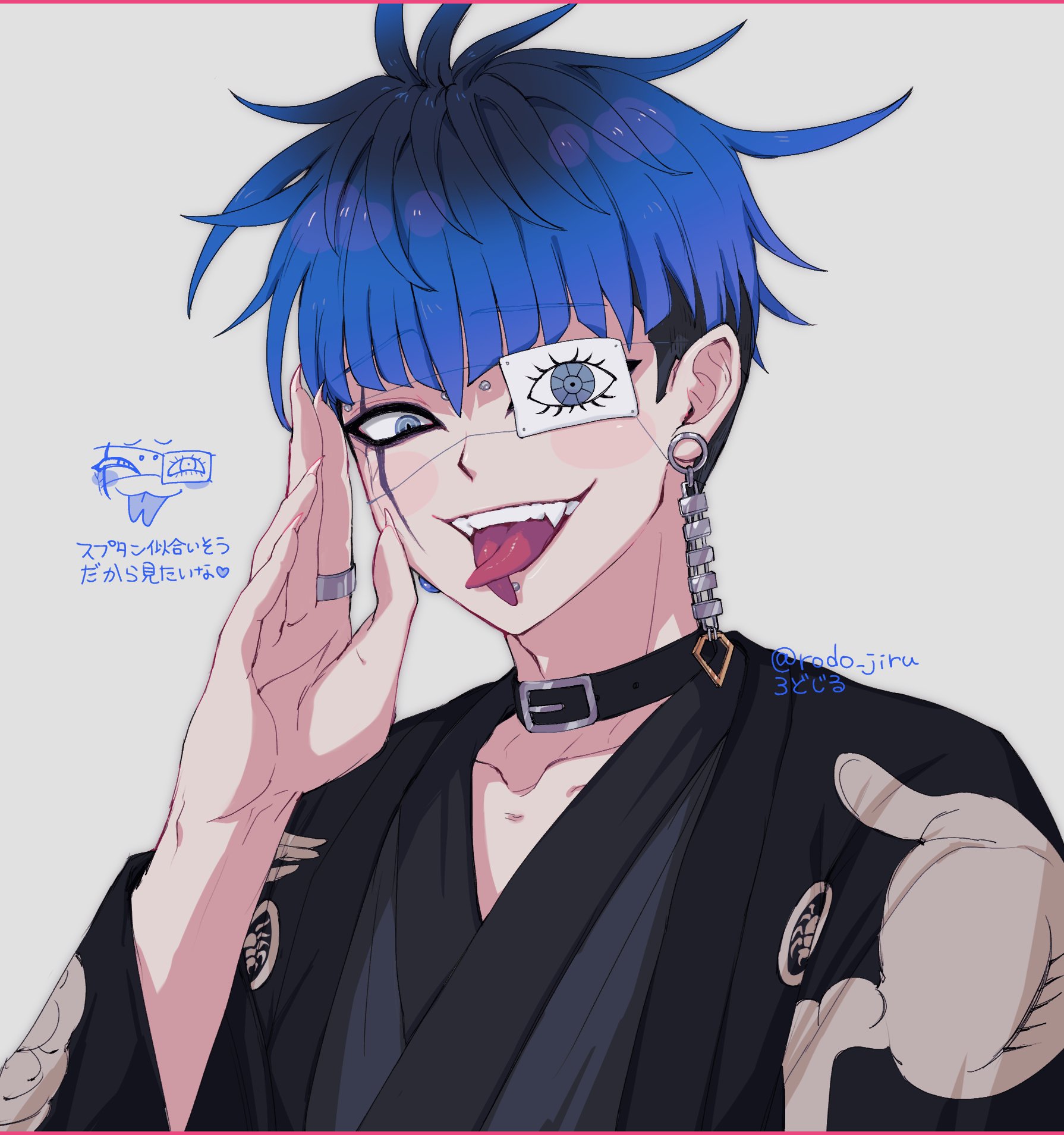 omokage yugamu, the hundred line -last defense academy-, highres, 1boy, animal print, black choker, black hair, black haori, blue eyes, blue hair, blush stickers, choker, collarbone, doodle inset, earrings, eye print, eyepatch, face piercing, facial mark, forked tongue, grey kimono, grin, hand up, haori, japanese clothes, jewelry, kimono, labret piercing, looking at viewer, male focus, multicolored hair, piercing, print eyepatch, ring, rodo jiru, short hair, simple background, smile, spider print, teeth, tongue, twitter username, upper teeth only, white background