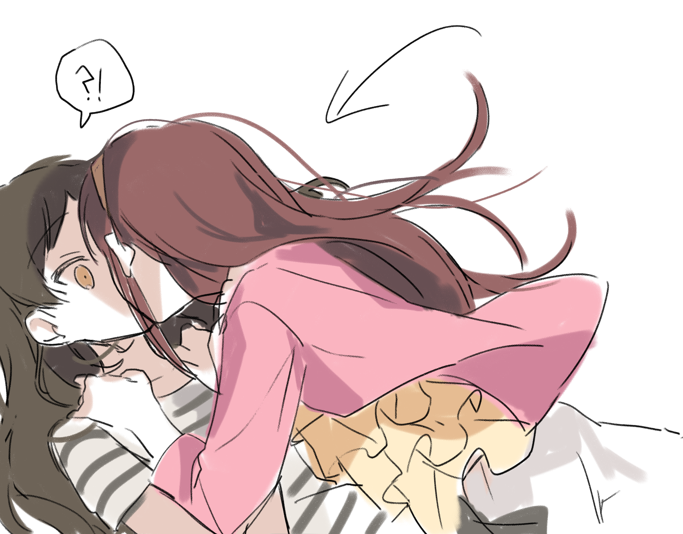 hano9789, kitazawa shiho, tanaka kotoha, idolmaster, idolmaster million live!, highres, !?, 2girls, arrow (symbol), brown hair, floating hair, jacket, kiss, long hair, long sleeves, multiple girls, pink jacket, shirt, short sleeves, simple background, speech bubble, striped clothes, striped shirt, white background, yuri