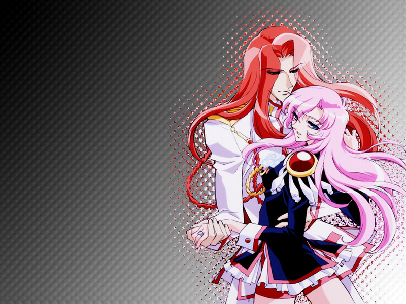 kiryuu touga, tenjou utena, shoujo kakumei utena, 1990s (style), 1boy, 1girl, bishounen, epaulettes, hetero, holding hands, long hair, pink hair, red hair, retro artstyle, very long hair