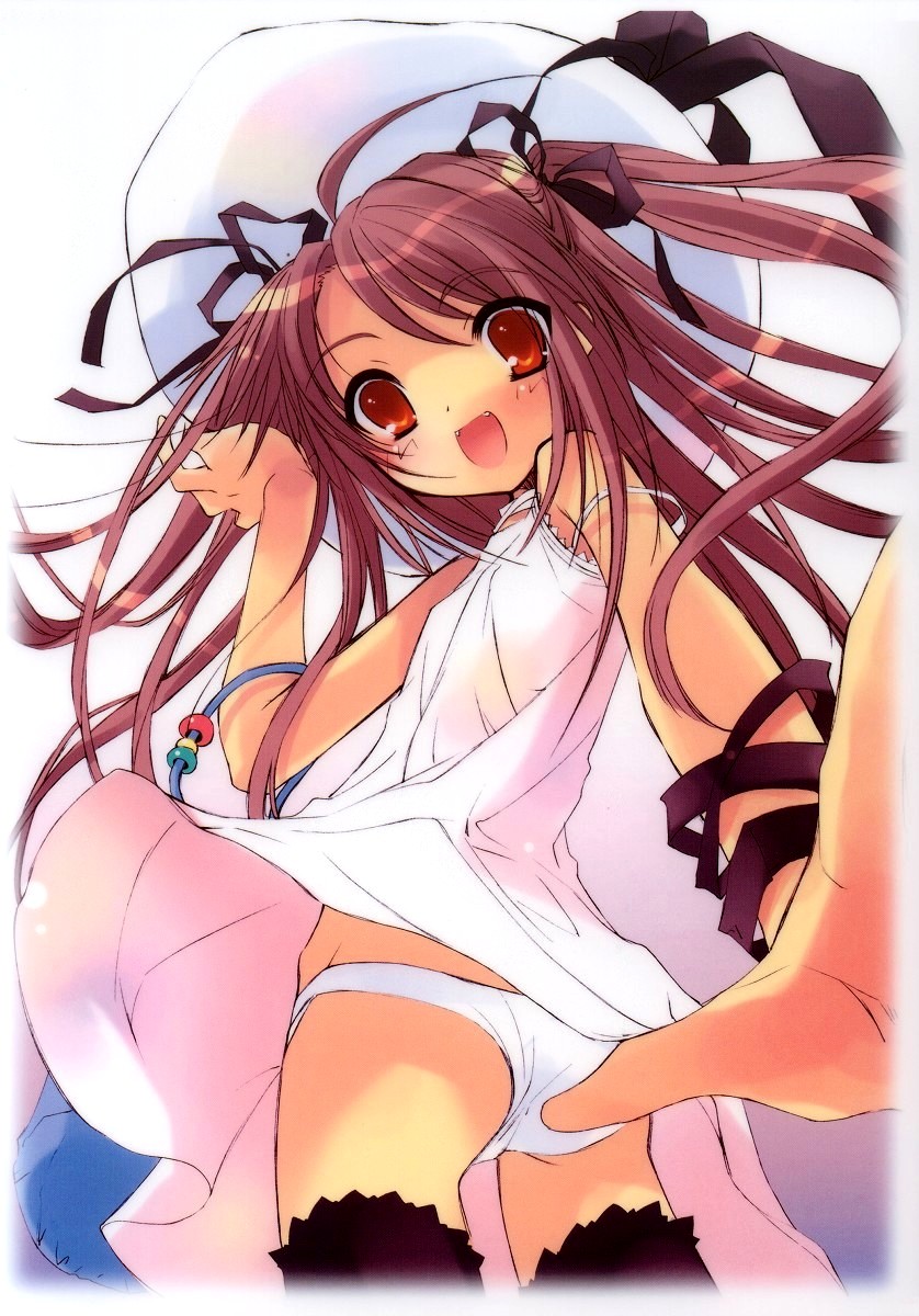 ito noizi, momose hikaru, peace@pieces, highres, 1girl, beret, black thighhighs, blush, dress, fangs, female focus, flat chest, foreshortening, from below, hair ribbon, hat, long hair, looking back, off shoulder, panties, pink dress, pink hair, ribbon, solo, standing, strap slip, sundress, thighhighs, twintails, underwear, upskirt, white panties, yellow eyes