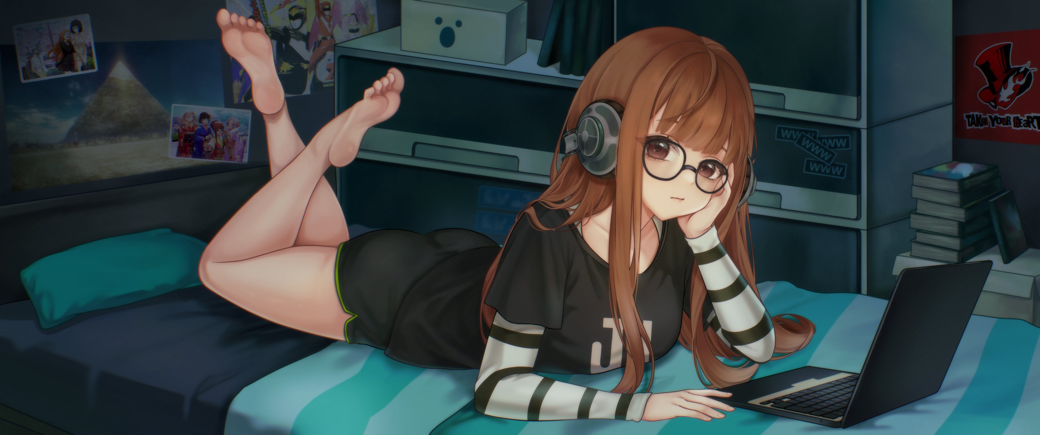 isshiki wakaba, niijima makoto, okumura haru, sakura futaba, sakura soujirou, takamaki anne, persona, persona 5, absurdres, highres, 1girl, ass, bare legs, barefoot, bedroom, behind-the-head headphones, black shirt, black shorts, borschxo, breasts, brown eyes, brown hair, closed mouth, computer, elbow rest, full body, glasses, headphones, laptop, long hair, looking at viewer, lying, on bed, on stomach, photo (object), poster (object), pyramid (structure), shirt, short shorts, shorts, solo, striped sleeves, the pose, thighs, tokusatsu